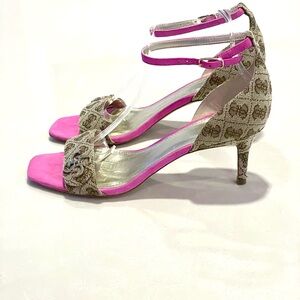 Guess Pink Suede Monogram Heels Sandals Size 9